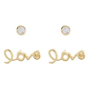 (2 Pairs) Argento Vivo 14K GP Sterling Silver "Love" and CZ stud Earrings - NIB